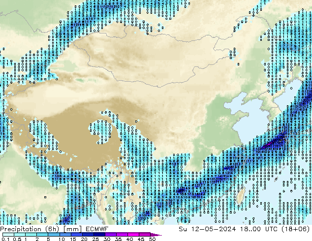 降水量 (6h) ECMWF 星期日 12.05.2024 00 UTC