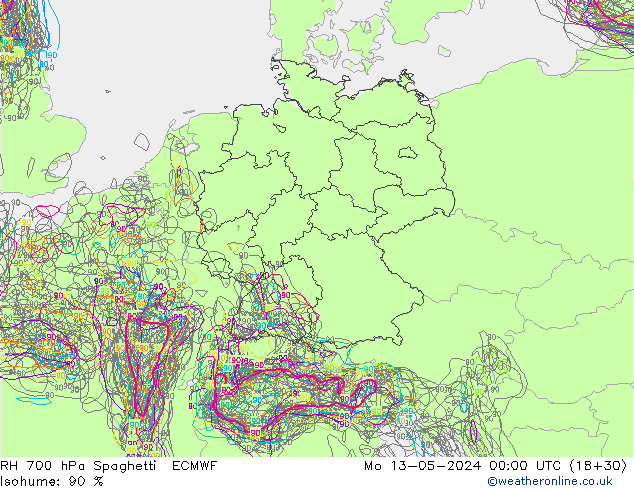 RH 700 hPa Spaghetti ECMWF Mo 13.05.2024 00 UTC