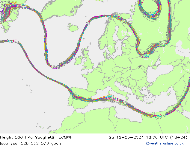 Height 500 hPa Spaghetti ECMWF  12.05.2024 18 UTC