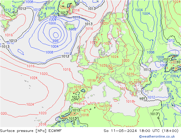 Presión superficial ECMWF sáb 11.05.2024 18 UTC