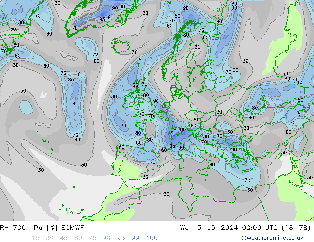 RH 700 hPa ECMWF Mi 15.05.2024 00 UTC