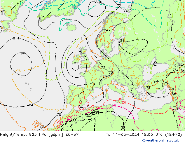 Geop./Temp. 925 hPa ECMWF mar 14.05.2024 18 UTC