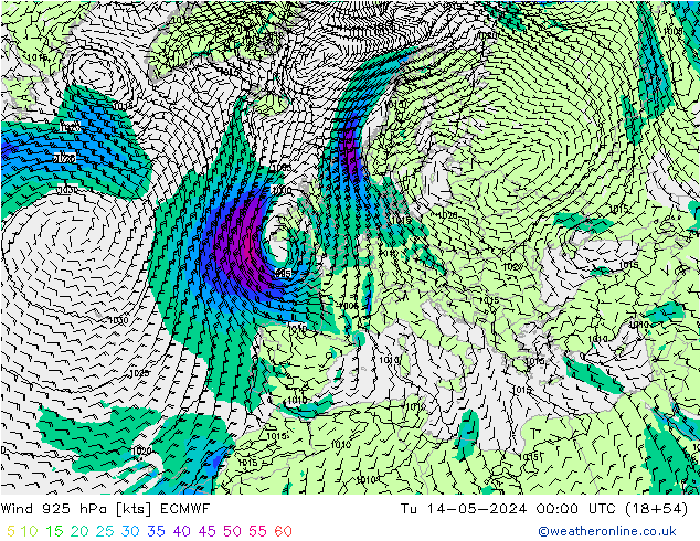 Wind 925 hPa ECMWF Tu 14.05.2024 00 UTC