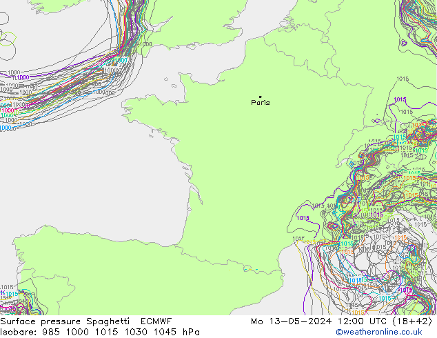 pressão do solo Spaghetti ECMWF Seg 13.05.2024 12 UTC