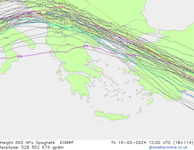 Height 500 hPa Spaghetti ECMWF Th 16.05.2024 12 UTC