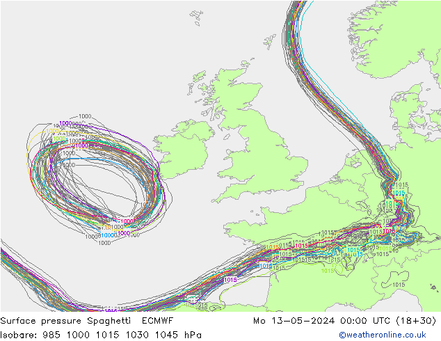 Luchtdruk op zeeniveau Spaghetti ECMWF ma 13.05.2024 00 UTC