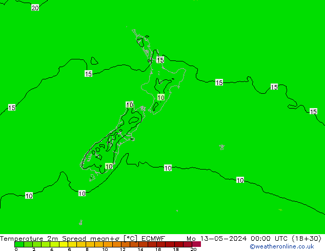 Temperatura 2m Spread ECMWF lun 13.05.2024 00 UTC