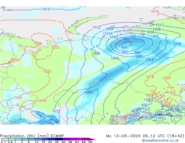 Totale neerslag (6h) ECMWF ma 13.05.2024 12 UTC