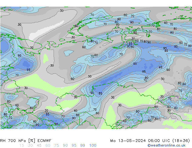 RH 700 hPa ECMWF Mo 13.05.2024 06 UTC