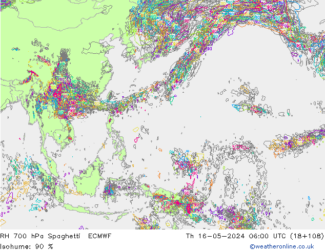 RH 700 гПа Spaghetti ECMWF чт 16.05.2024 06 UTC