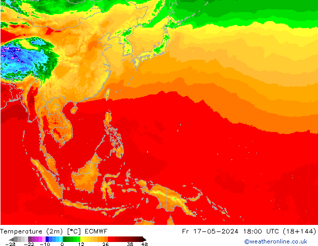 Temperatuurkaart (2m) ECMWF vr 17.05.2024 18 UTC