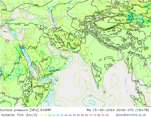 Eşrüzgar Hızları (km/sa) ECMWF Çar 15.05.2024 00 UTC