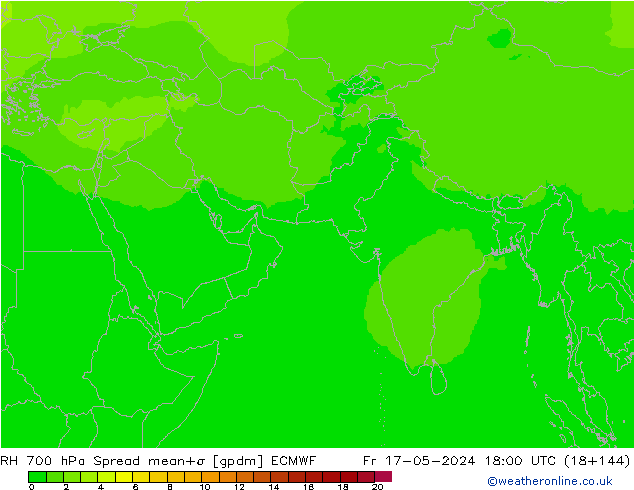 RH 700 hPa Spread ECMWF ven 17.05.2024 18 UTC