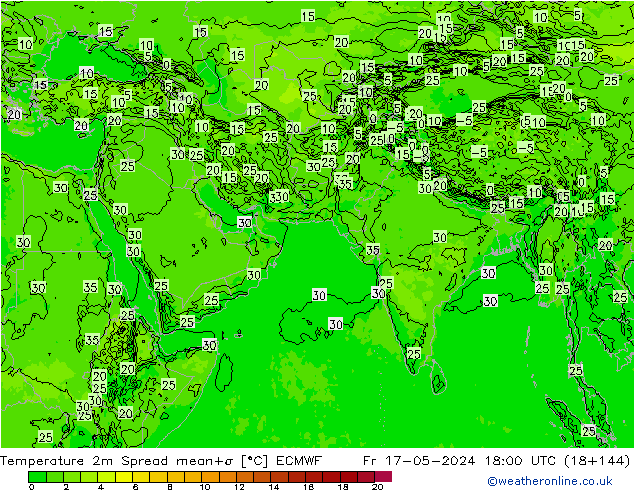 température 2m Spread ECMWF ven 17.05.2024 18 UTC