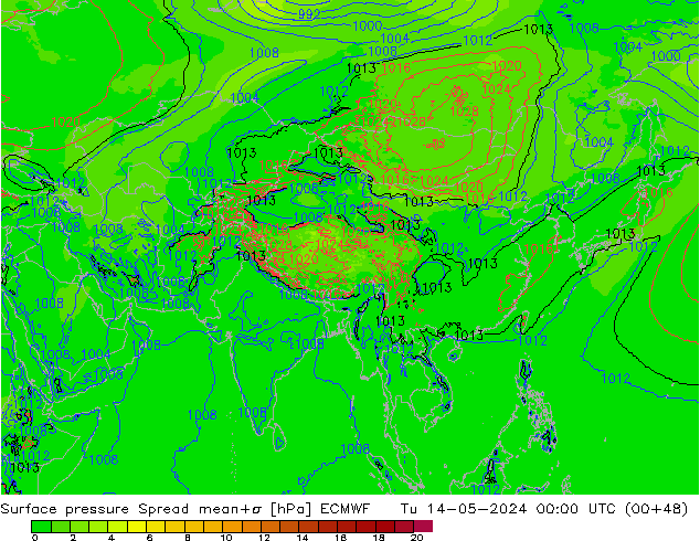 Atmosférický tlak Spread ECMWF Út 14.05.2024 00 UTC