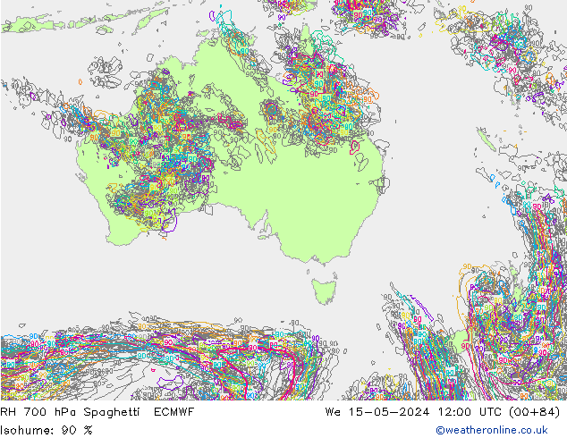 Humidité rel. 700 hPa Spaghetti ECMWF mer 15.05.2024 12 UTC