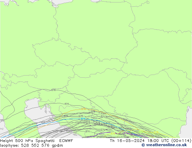 Geop. 500 hPa Spaghetti ECMWF jue 16.05.2024 18 UTC