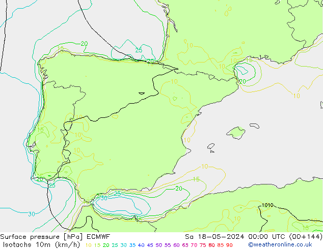 Isotachs (kph) ECMWF Sa 18.05.2024 00 UTC