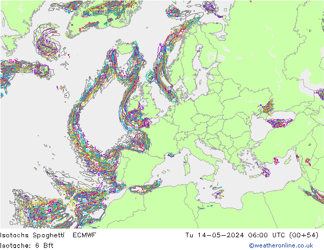 Isotachs Spaghetti ECMWF Tu 14.05.2024 06 UTC