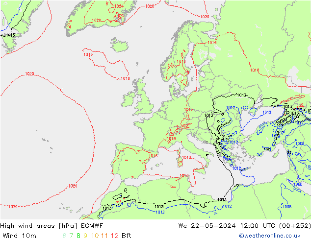 High wind areas ECMWF mié 22.05.2024 12 UTC