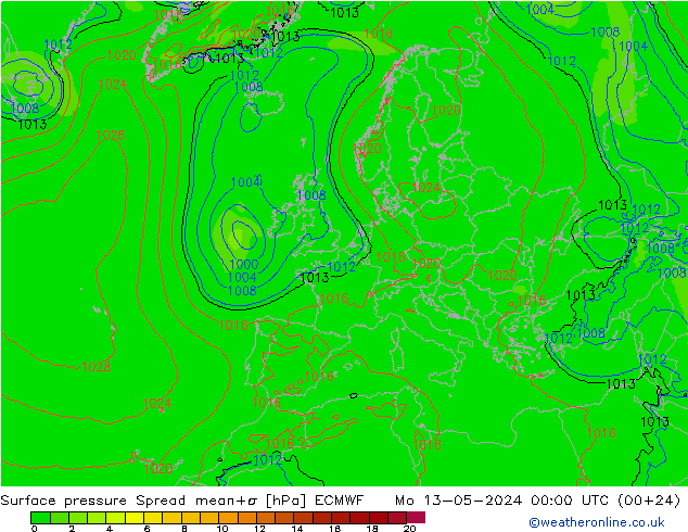 Surface pressure Spread ECMWF Mo 13.05.2024 00 UTC