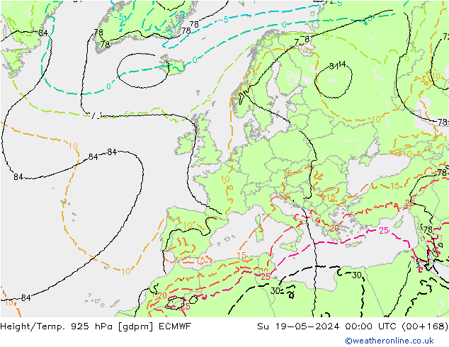 Height/Temp. 925 hPa ECMWF nie. 19.05.2024 00 UTC