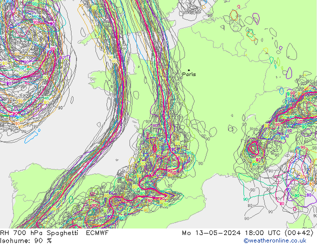 RH 700 hPa Spaghetti ECMWF Po 13.05.2024 18 UTC