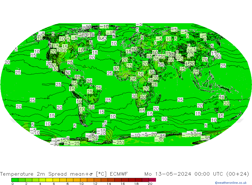 mapa temperatury 2m Spread ECMWF pon. 13.05.2024 00 UTC