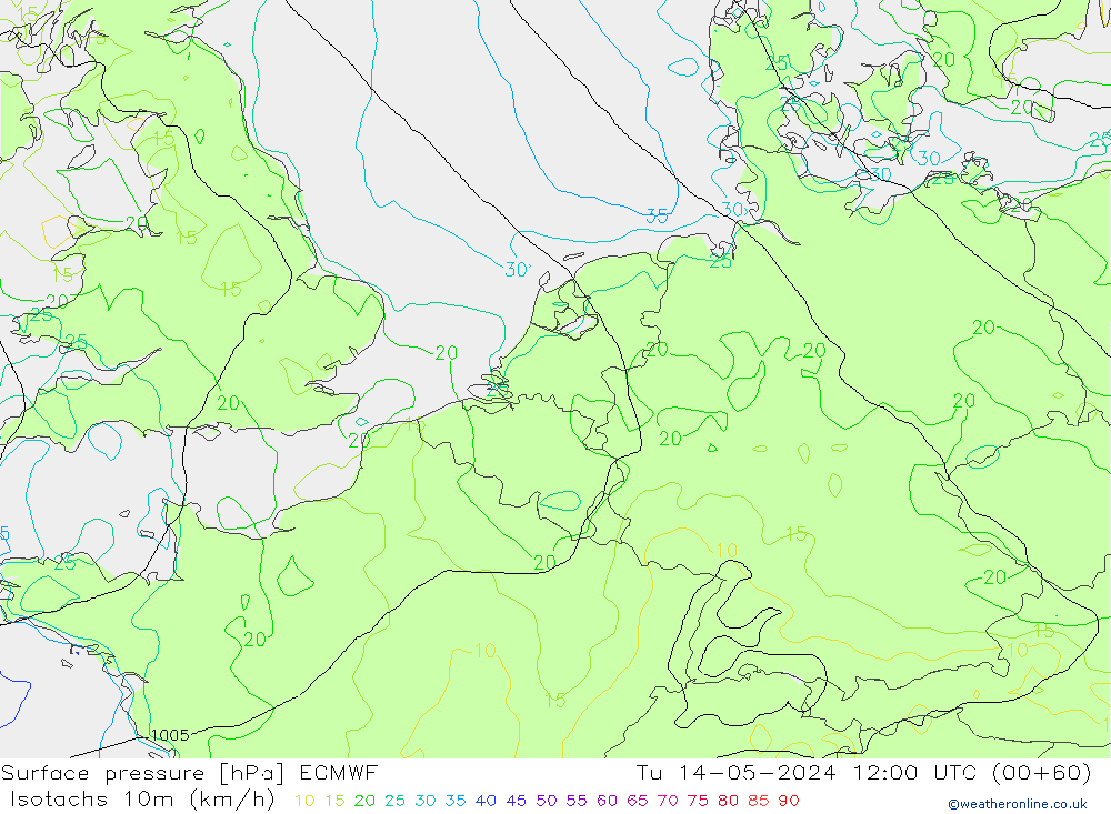 Isotachs (kph) ECMWF Tu 14.05.2024 12 UTC
