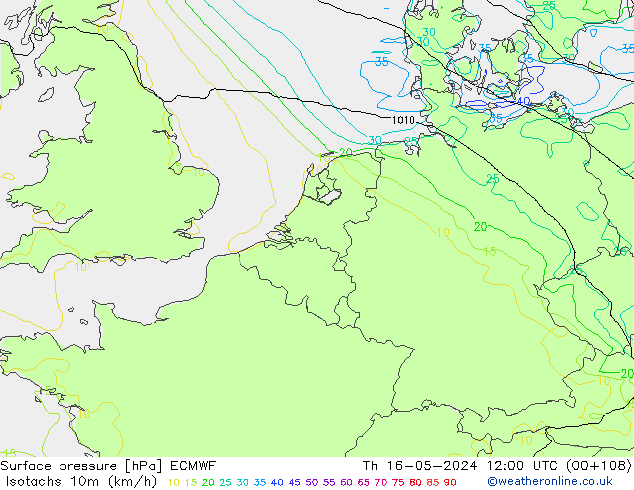 Isotachs (kph) ECMWF Th 16.05.2024 12 UTC