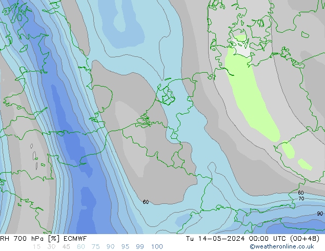 Humidité rel. 700 hPa ECMWF mar 14.05.2024 00 UTC