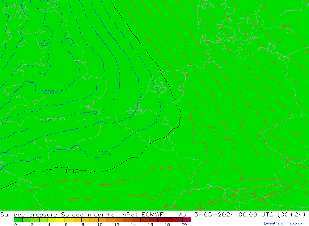 Surface pressure Spread ECMWF Mo 13.05.2024 00 UTC