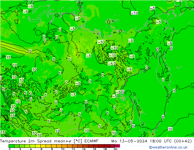 Temperaturkarte Spread ECMWF Mo 13.05.2024 18 UTC