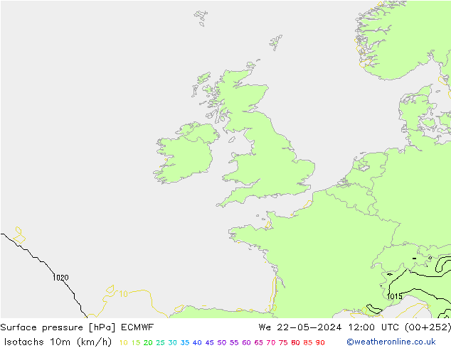 Isotachs (kph) ECMWF St 22.05.2024 12 UTC