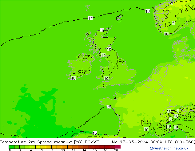 Temperature 2m Spread ECMWF Mo 27.05.2024 00 UTC