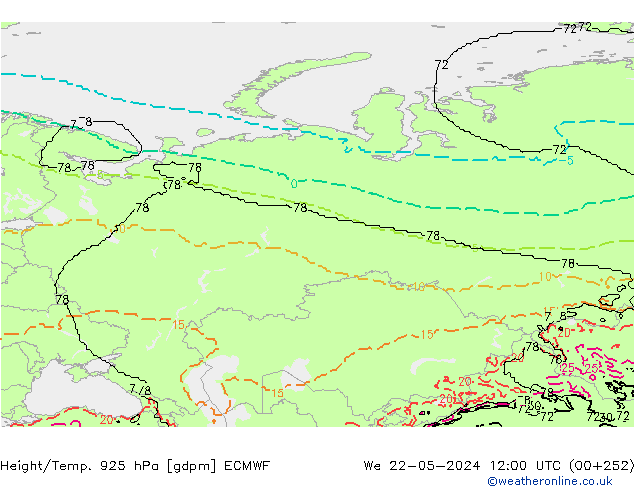 Height/Temp. 925 hPa ECMWF śro. 22.05.2024 12 UTC