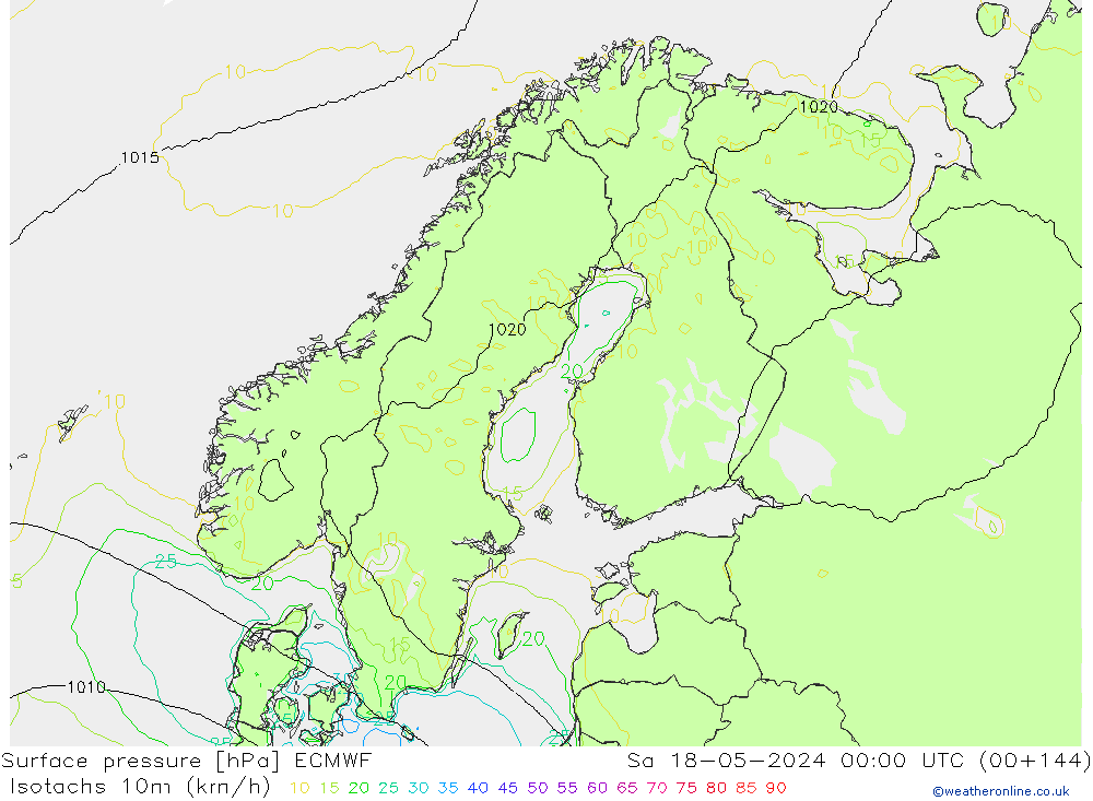 Isotachs (kph) ECMWF Sa 18.05.2024 00 UTC