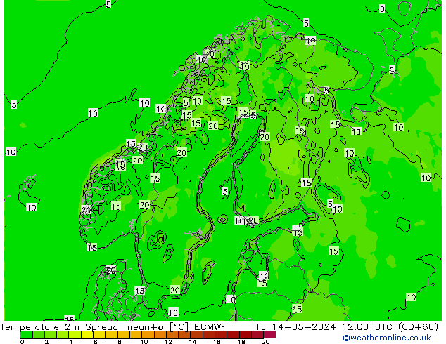température 2m Spread ECMWF mar 14.05.2024 12 UTC