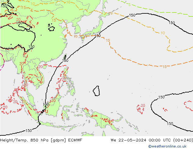 Height/Temp. 850 hPa ECMWF We 22.05.2024 00 UTC