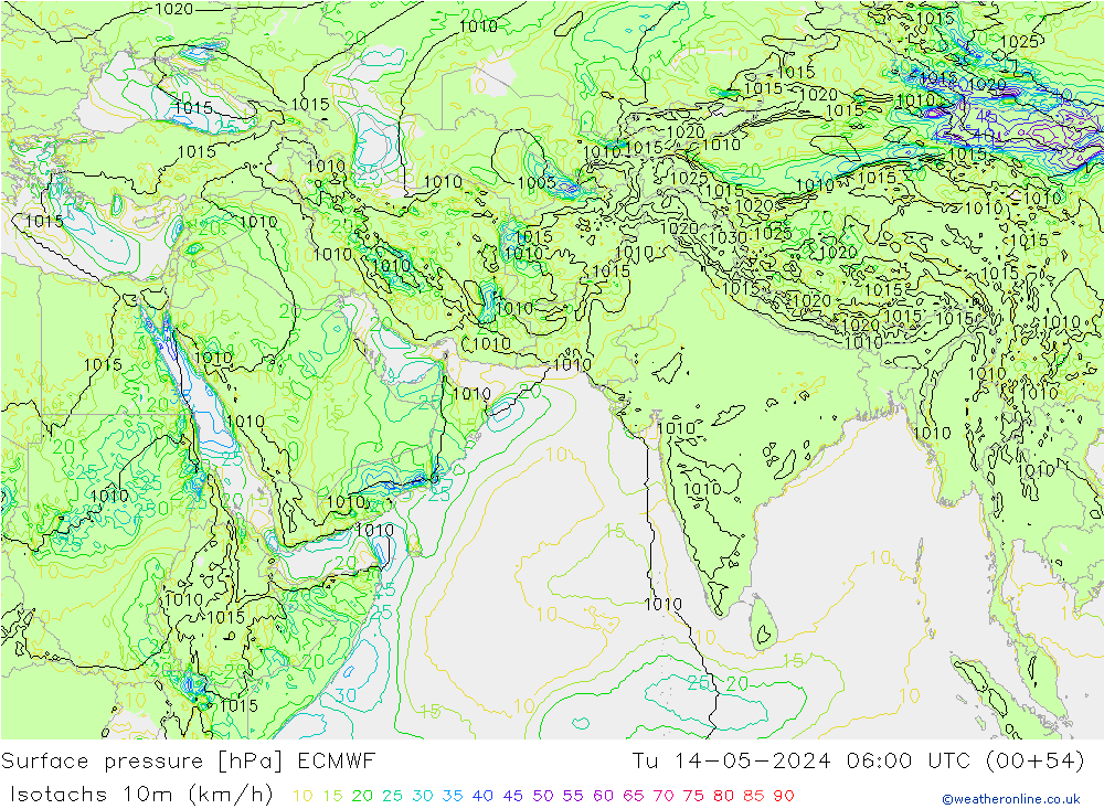 Isotaca (kph) ECMWF mar 14.05.2024 06 UTC
