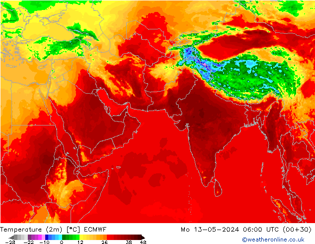 Temperatuurkaart (2m) ECMWF ma 13.05.2024 06 UTC