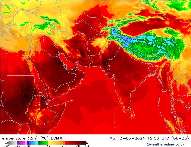 mapa temperatury (2m) ECMWF pon. 13.05.2024 12 UTC