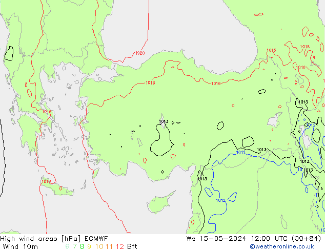 yüksek rüzgarlı alanlar ECMWF Çar 15.05.2024 12 UTC