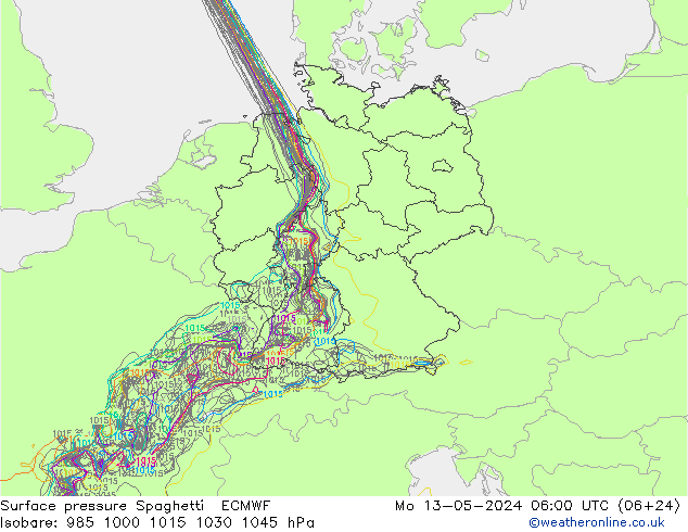 Presión superficial Spaghetti ECMWF lun 13.05.2024 06 UTC