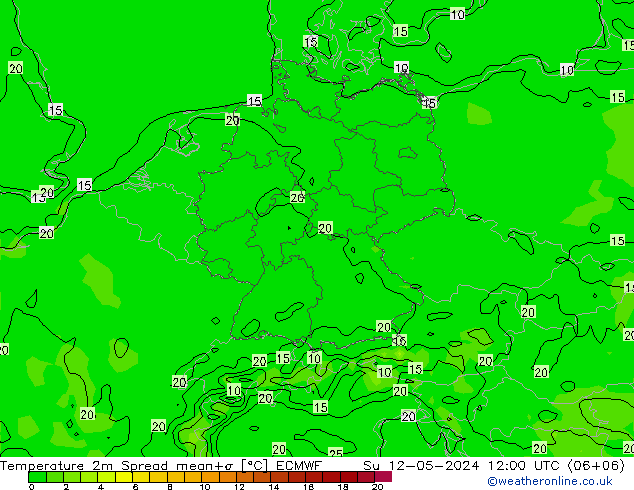 Temperature 2m Spread ECMWF Su 12.05.2024 12 UTC