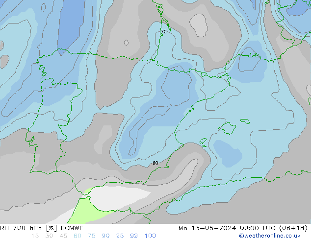 Humedad rel. 700hPa ECMWF lun 13.05.2024 00 UTC