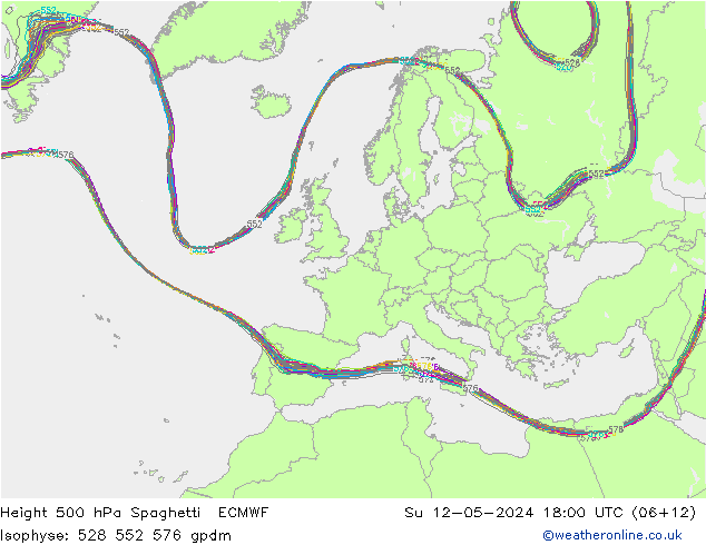 Hoogte 500 hPa Spaghetti ECMWF zo 12.05.2024 18 UTC