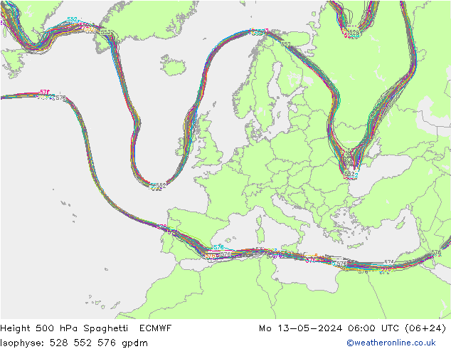 Geop. 500 hPa Spaghetti ECMWF lun 13.05.2024 06 UTC