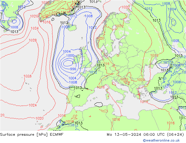 Presión superficial ECMWF lun 13.05.2024 06 UTC