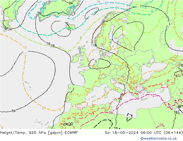 Hoogte/Temp. 925 hPa ECMWF za 18.05.2024 06 UTC